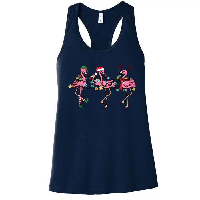 Christmas Lights Pink Flamingo Santa Hat Holiday Xmas Women's Racerback Tank