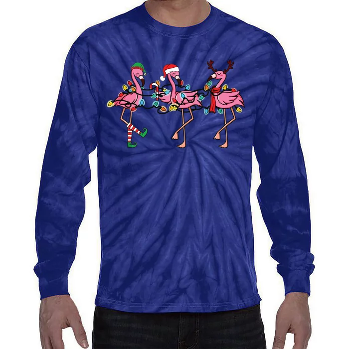 Christmas Lights Pink Flamingo Santa Hat Holiday Xmas Tie-Dye Long Sleeve Shirt