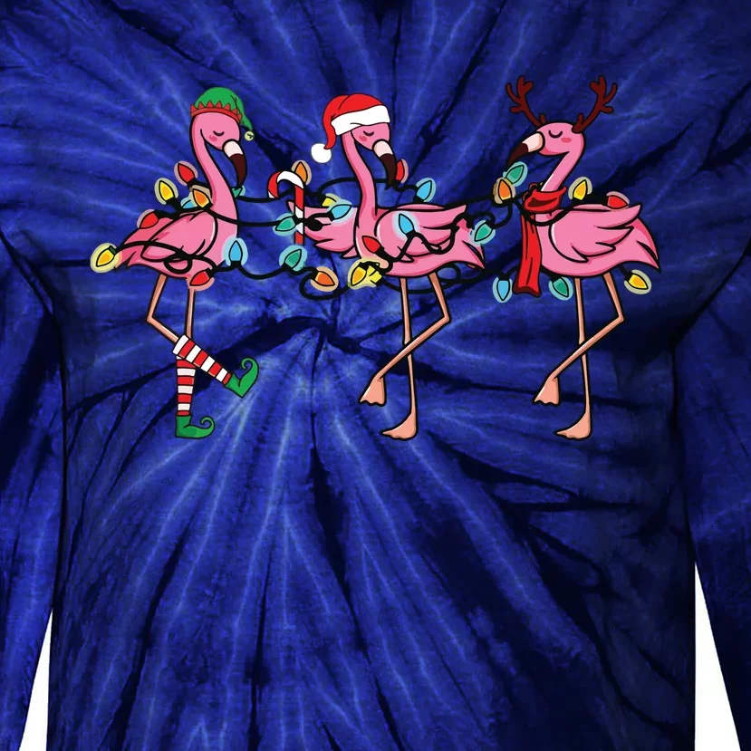 Christmas Lights Pink Flamingo Santa Hat Holiday Xmas Tie-Dye Long Sleeve Shirt