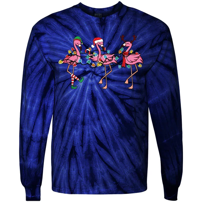 Christmas Lights Pink Flamingo Santa Hat Holiday Xmas Tie-Dye Long Sleeve Shirt