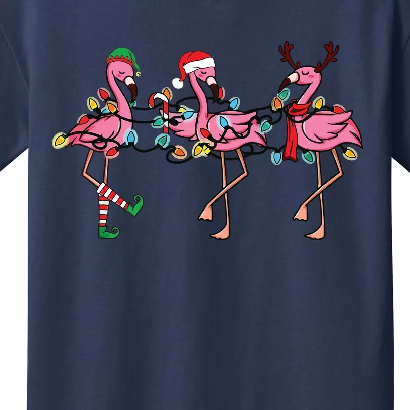 Christmas Lights Pink Flamingo Santa Hat Holiday Xmas Kids T-Shirt