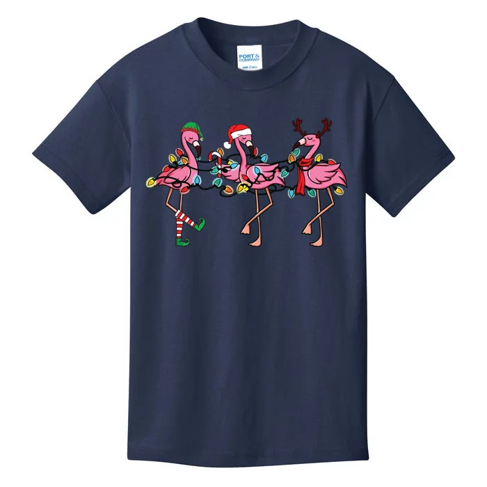 Christmas Lights Pink Flamingo Santa Hat Holiday Xmas Kids T-Shirt