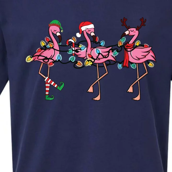 Christmas Lights Pink Flamingo Santa Hat Holiday Xmas Sueded Cloud Jersey T-Shirt