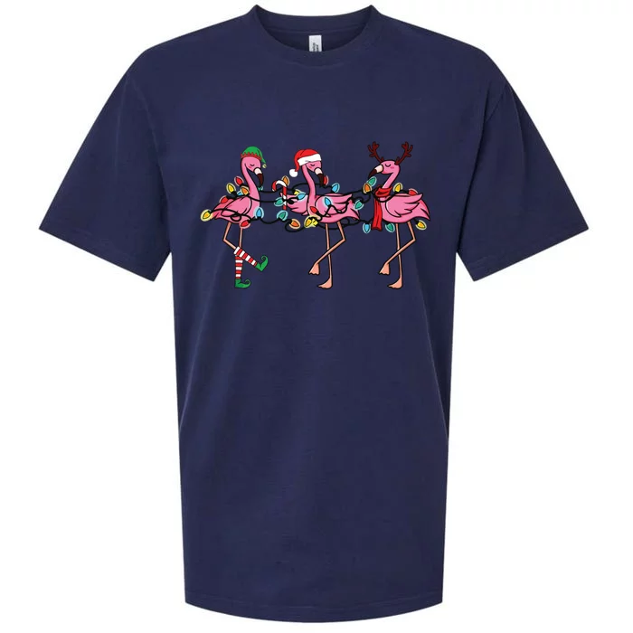 Christmas Lights Pink Flamingo Santa Hat Holiday Xmas Sueded Cloud Jersey T-Shirt