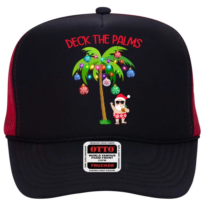 Christmas Lights Palm Tree Funny Hawaii Deck The Palms Gift High Crown Mesh Trucker Hat