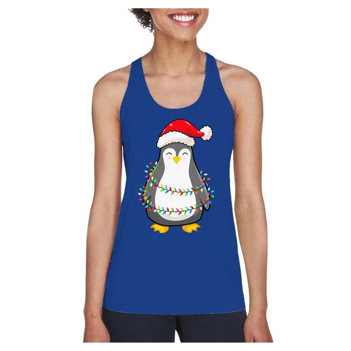 Christmas Lights Penguin Wearing Xmas Hat Penguin Lover Women's Racerback Tank