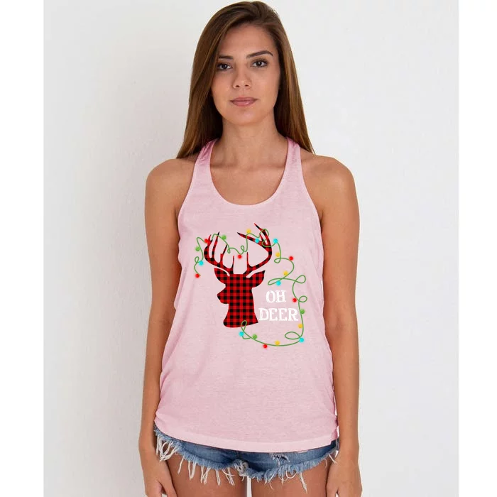 Christmas Light Reindeer Rudolph Oh Deer Antlers Plaid Gift Women's Knotted Racerback Tank