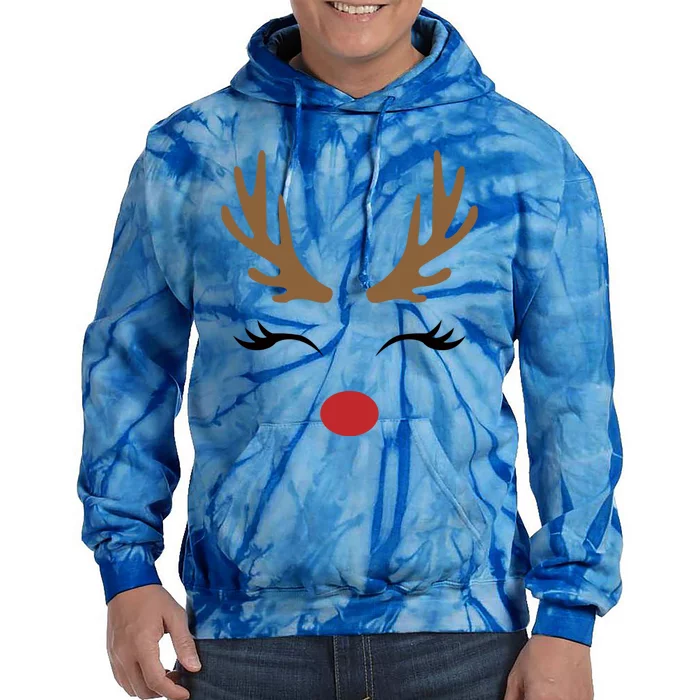 Cute Lady Reindeer Face With Eyelashes And Antlers Gift Novelty Gift Tie Dye Hoodie