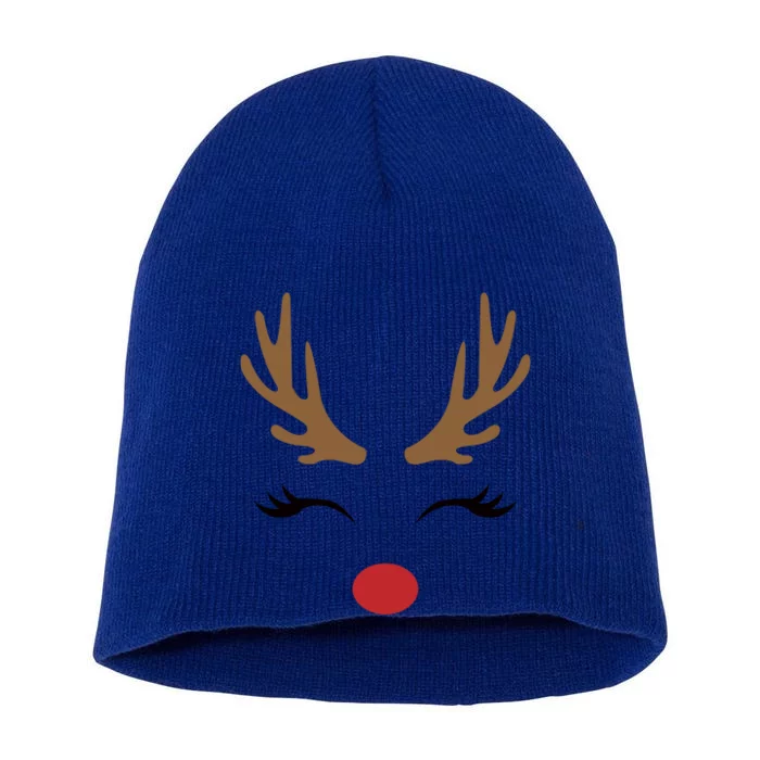 Cute Lady Reindeer Face With Eyelashes And Antlers Gift Novelty Gift Short Acrylic Beanie