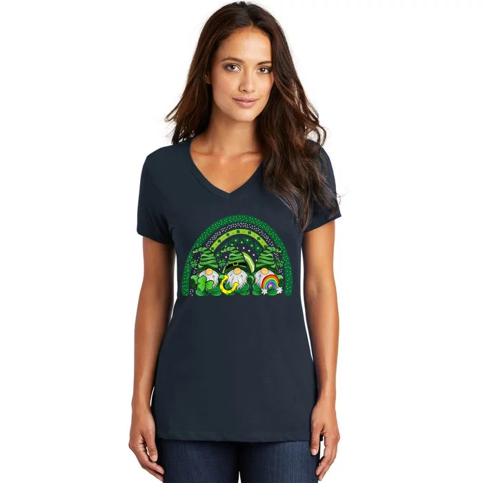 Cute Lucky Rainbow Gnome Happy St Patricks Day Women's V-Neck T-Shirt