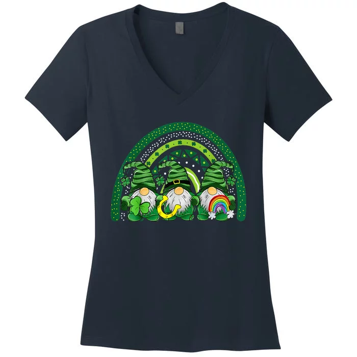 Cute Lucky Rainbow Gnome Happy St Patricks Day Women's V-Neck T-Shirt