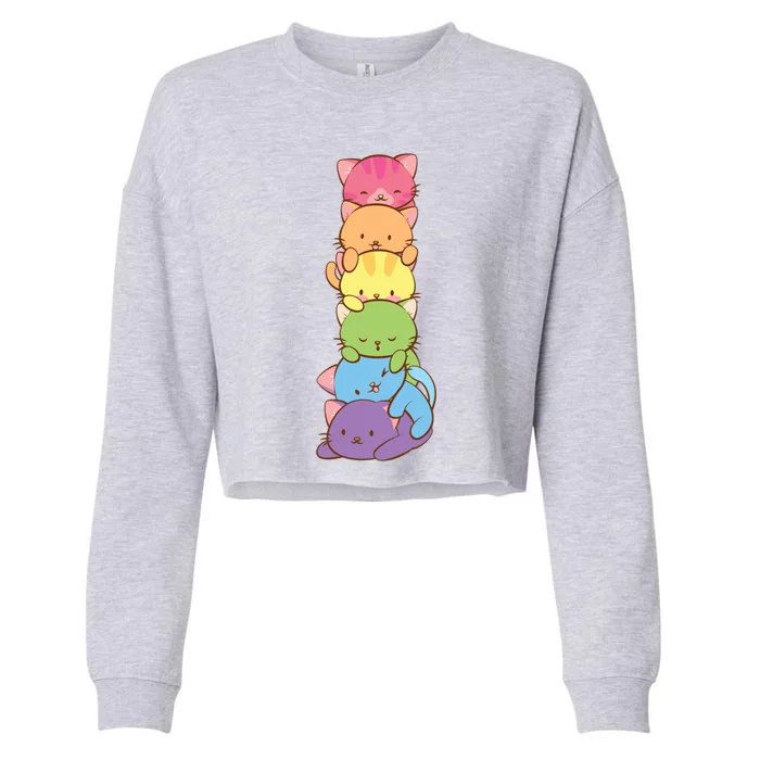 Cute Lgbt Rainbow Gay Pride Flag Kawaii Cat Pile Anime Art Gift Cropped Pullover Crew