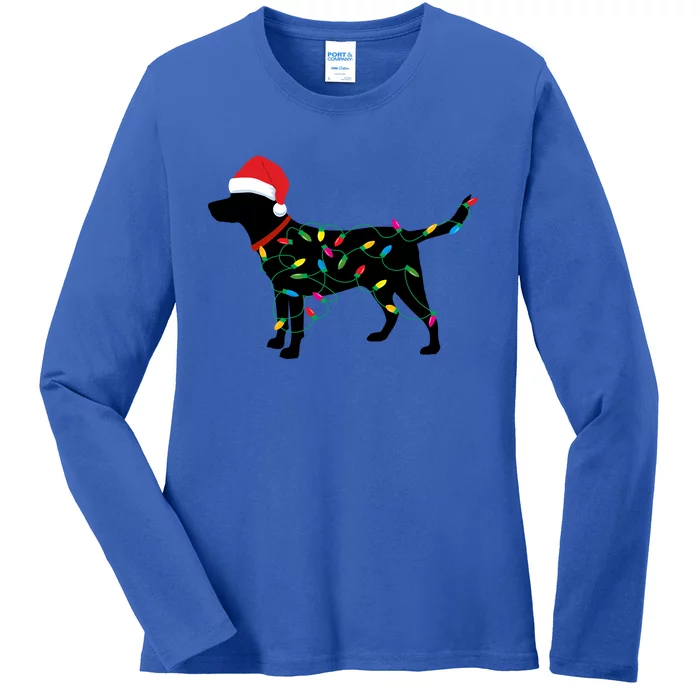 Christmas Labrador Retriever In Santa Hat Xmas Lights Meaningful Gift Ladies Long Sleeve Shirt