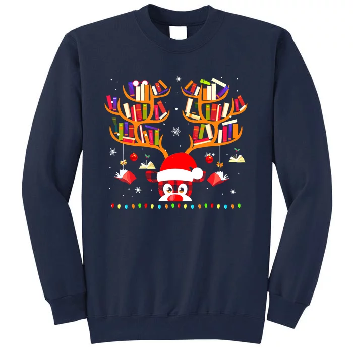 Christmas Library Red Plaid Reindeer Librarian Book Lover Tall Sweatshirt