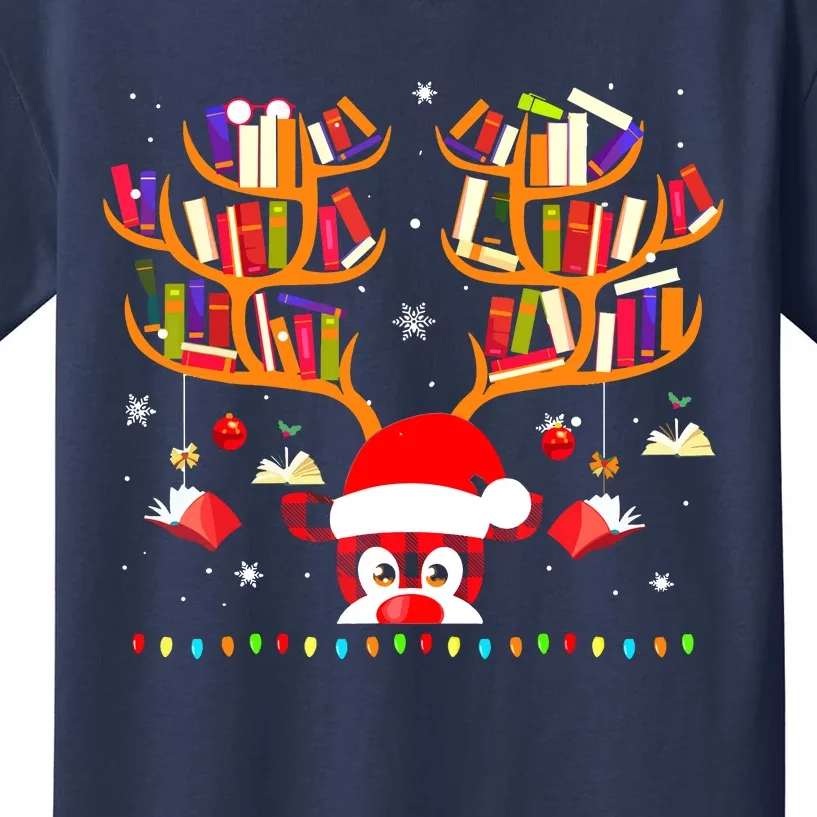 Christmas Library Red Plaid Reindeer Librarian Book Lover Kids T-Shirt