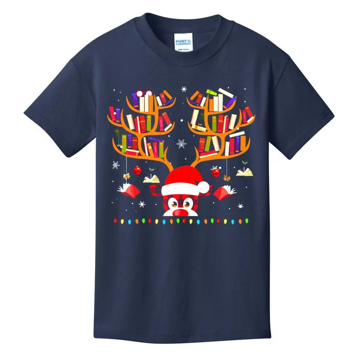 Christmas Library Red Plaid Reindeer Librarian Book Lover Kids T-Shirt