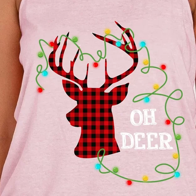 Christmas Light Reindeer Rudolph Oh Deer Antlers Plaid Gift Women's Knotted Racerback Tank