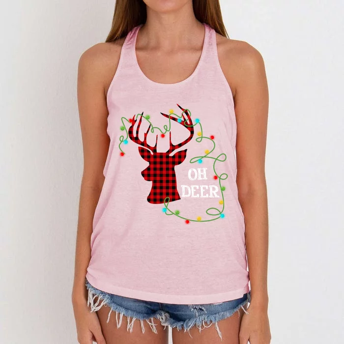 Christmas Light Reindeer Rudolph Oh Deer Antlers Plaid Gift Women's Knotted Racerback Tank