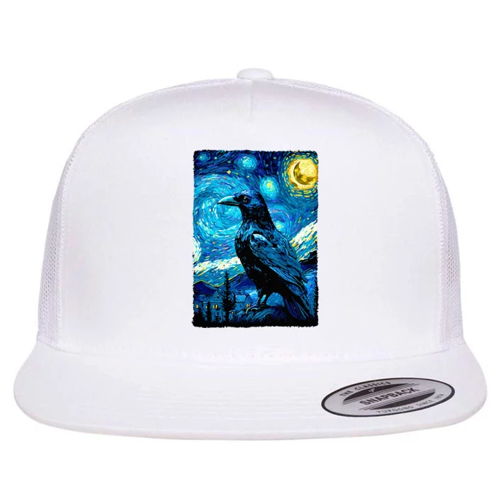 Crow Lover Raven Starry Night Style Painting Van Gogh Flat Bill Trucker Hat