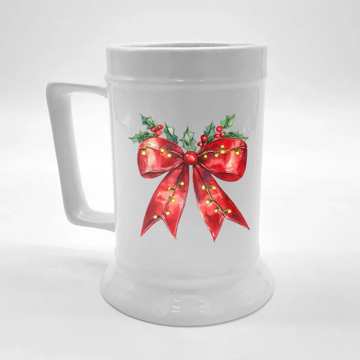 Christmas Lights Red Coquette Bow Xmas Gift Front & Back Beer Stein