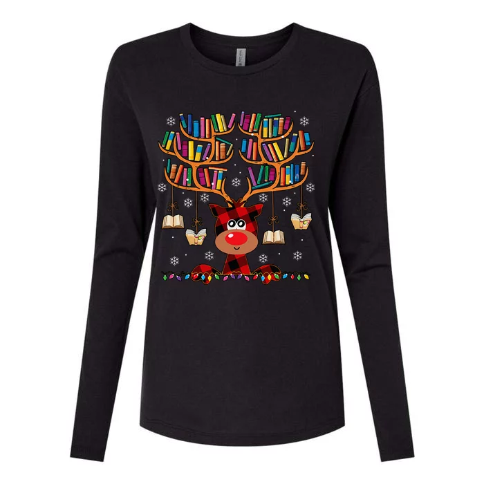 Christmas Librarian Reindeer Matching Family Book Lover Xmas Womens Cotton Relaxed Long Sleeve T-Shirt