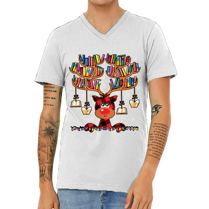 Christmas Librarian Reindeer Matching Family Book Lover Xmas V-Neck T-Shirt