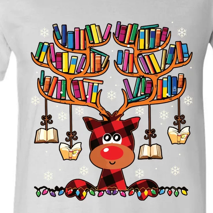 Christmas Librarian Reindeer Matching Family Book Lover Xmas V-Neck T-Shirt