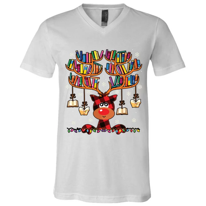 Christmas Librarian Reindeer Matching Family Book Lover Xmas V-Neck T-Shirt