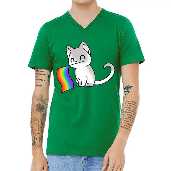 Cat Lgbt Rainbow Flag Pride Month V-Neck T-Shirt