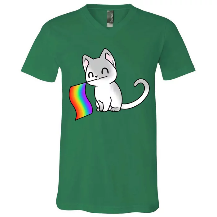 Cat Lgbt Rainbow Flag Pride Month V-Neck T-Shirt