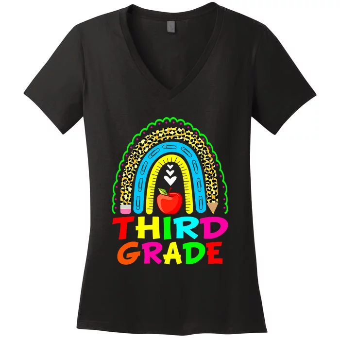 Cute Leopard Rainbow Funny Third Grade Teacher Women's V-Neck T-Shirt