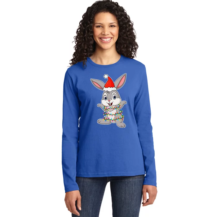 Christmas Lights Rabbit Wearing Xmas Hat Rabbit Lover Ladies Long Sleeve Shirt