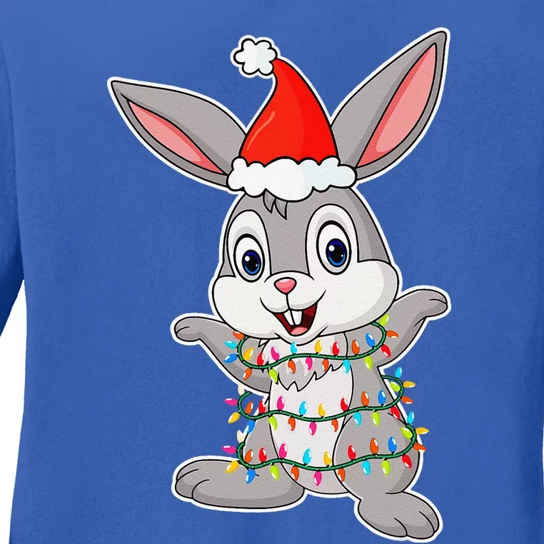 Christmas Lights Rabbit Wearing Xmas Hat Rabbit Lover Ladies Long Sleeve Shirt