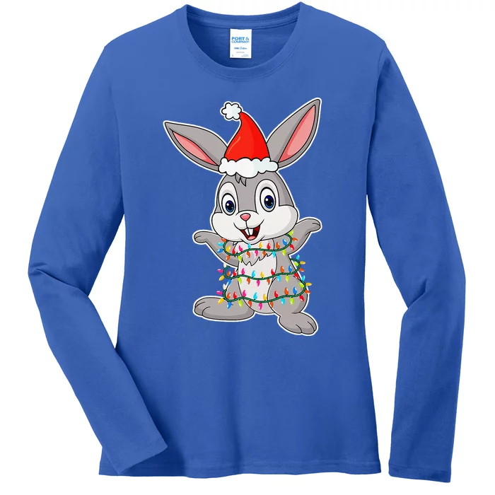 Christmas Lights Rabbit Wearing Xmas Hat Rabbit Lover Ladies Long Sleeve Shirt