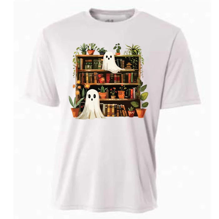 Cute Librarian Spooky Ghost Bookshelves Plant Book Lover Cooling Performance Crew T-Shirt