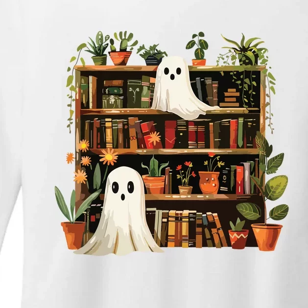 Cute Librarian Spooky Ghost Bookshelves Plant Book Lover Womens CVC Long Sleeve Shirt