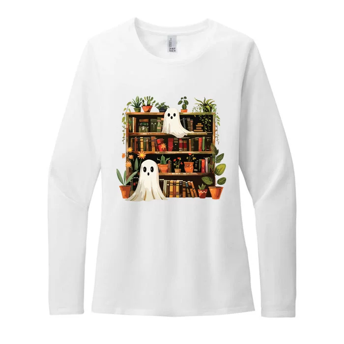 Cute Librarian Spooky Ghost Bookshelves Plant Book Lover Womens CVC Long Sleeve Shirt