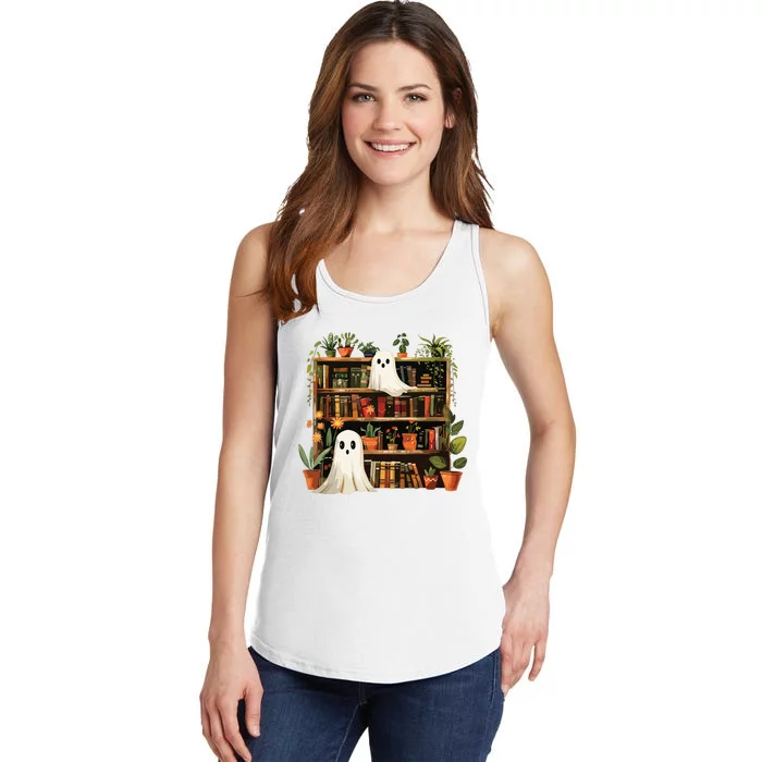 Cute Librarian Spooky Ghost Bookshelves Plant Book Lover Ladies Essential Tank