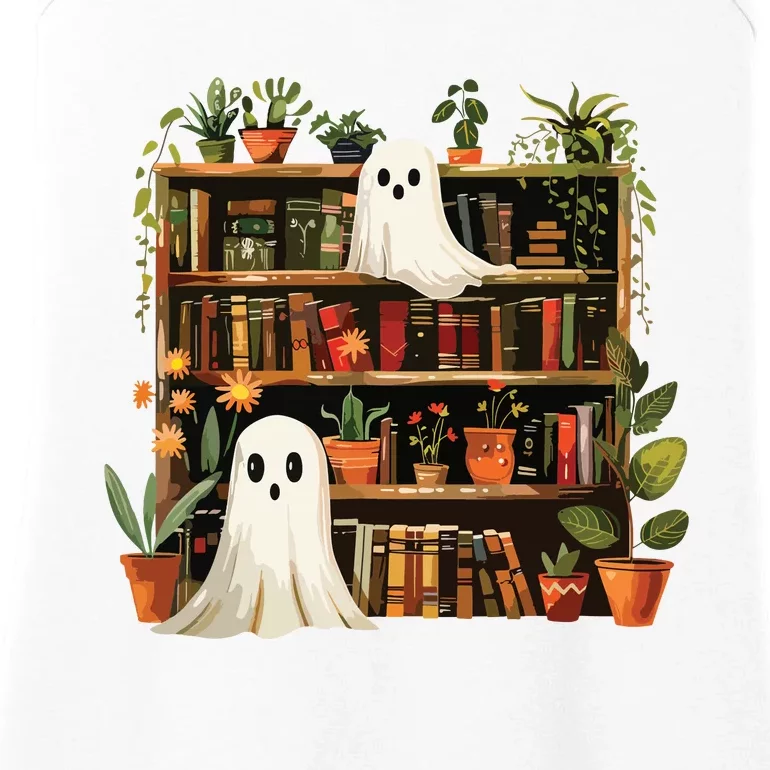 Cute Librarian Spooky Ghost Bookshelves Plant Book Lover Ladies Essential Tank