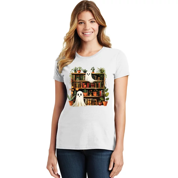 Cute Librarian Spooky Ghost Bookshelves Plant Book Lover Women's T-Shirt