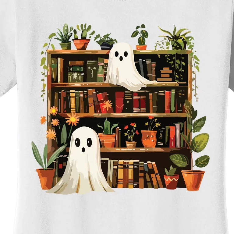 Cute Librarian Spooky Ghost Bookshelves Plant Book Lover Women's T-Shirt