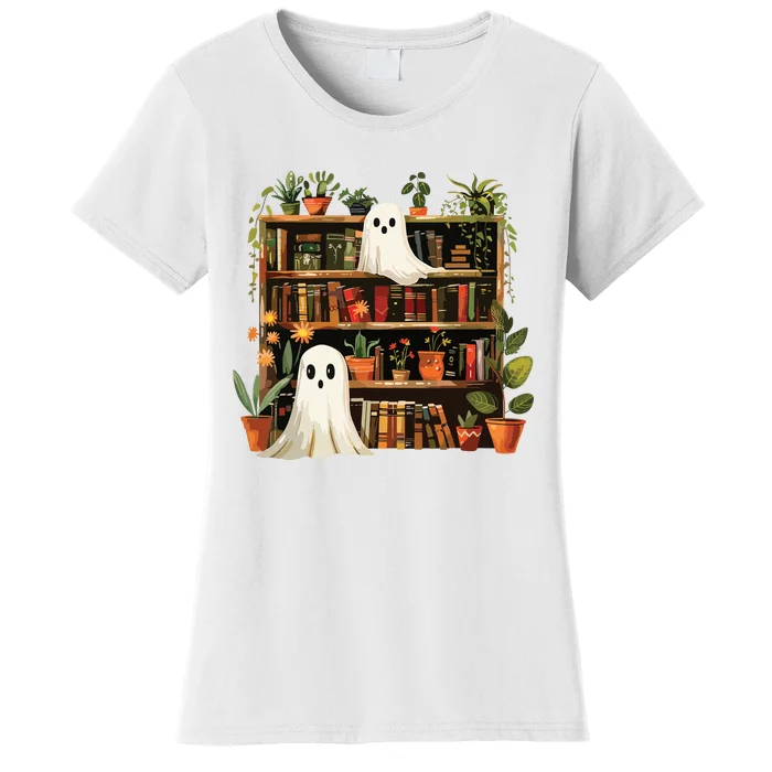 Cute Librarian Spooky Ghost Bookshelves Plant Book Lover Women's T-Shirt