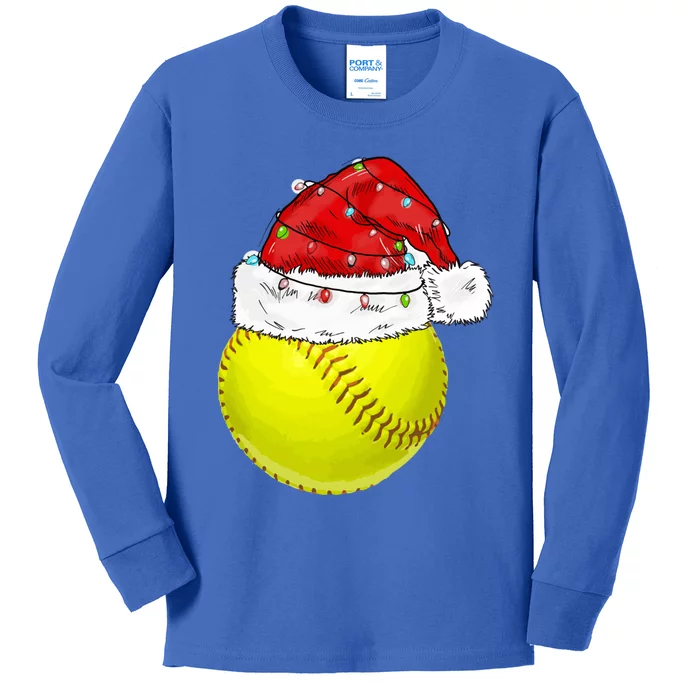 Christmas Lights Softball Santa Hat Xmas Catcher Xmas Cute Gift Kids Long Sleeve Shirt