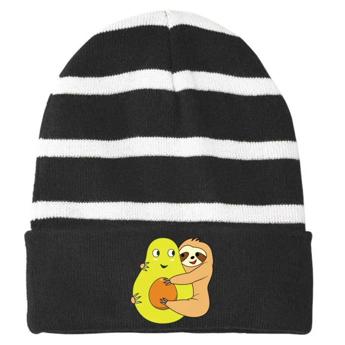 Cute Lazy Sloth Animal Avocado Lover Hugging Striped Beanie with Solid Band