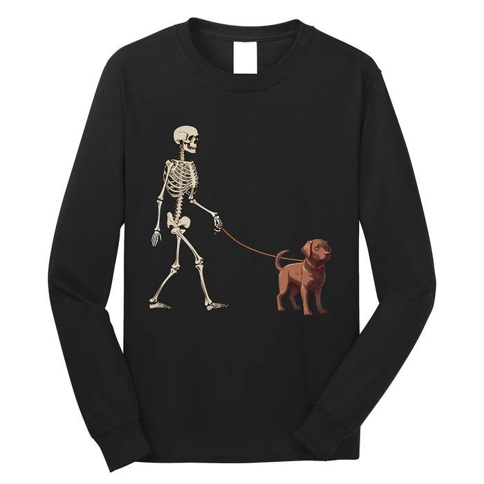 Chocolate Labrador Skeleton Dog Walking Halloween Long Sleeve Shirt