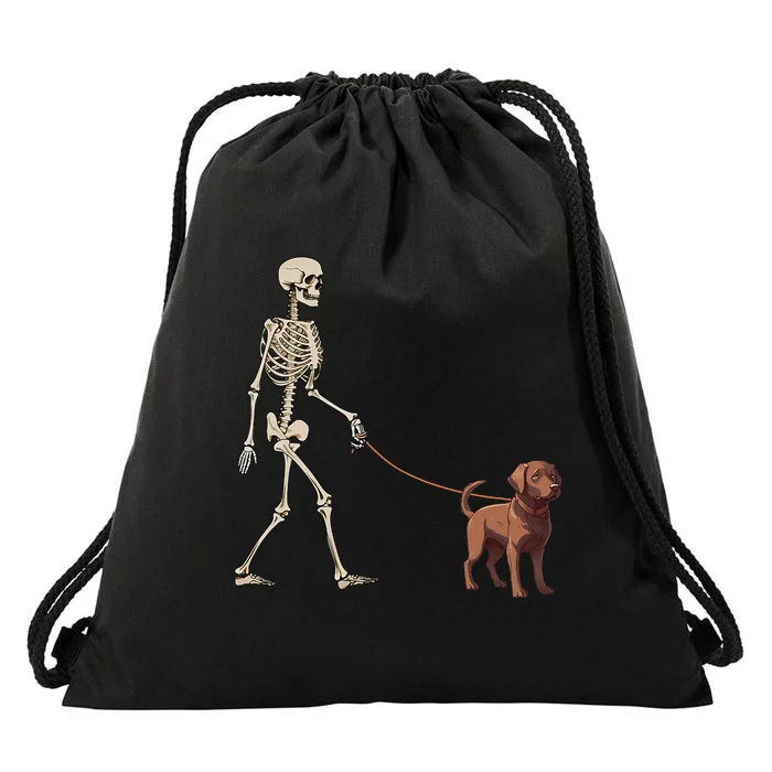 Chocolate Labrador Skeleton Dog Walking Halloween Drawstring Bag