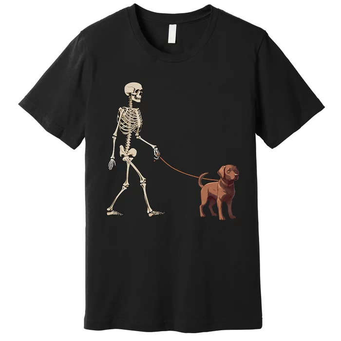 Chocolate Labrador Skeleton Dog Walking Halloween Premium T-Shirt