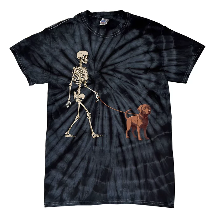 Chocolate Labrador Skeleton Dog Walking Halloween Tie-Dye T-Shirt