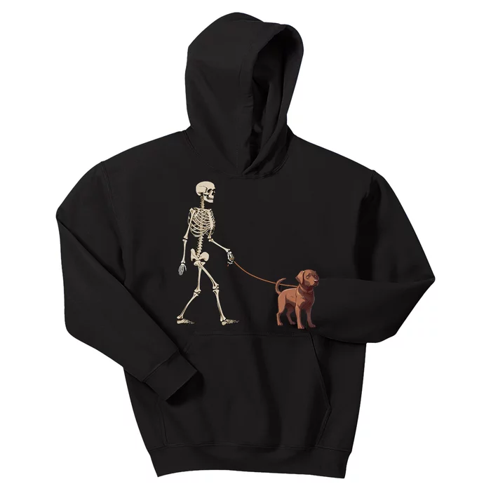 Chocolate Labrador Skeleton Dog Walking Halloween Kids Hoodie