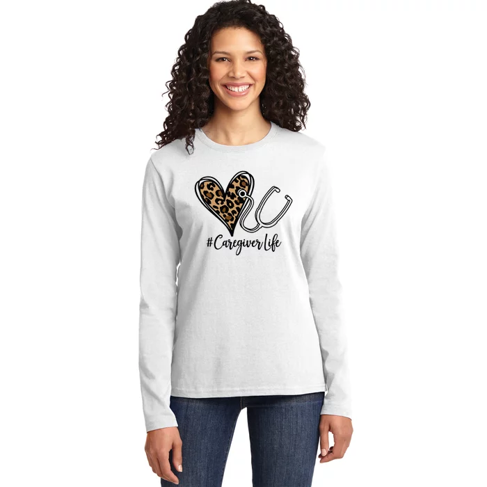 Caregiver Leopard Stethoscope Ladies Long Sleeve Shirt